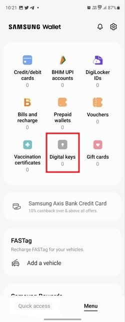 Выбор опции Цифровые ключи в Samsung Wallet.