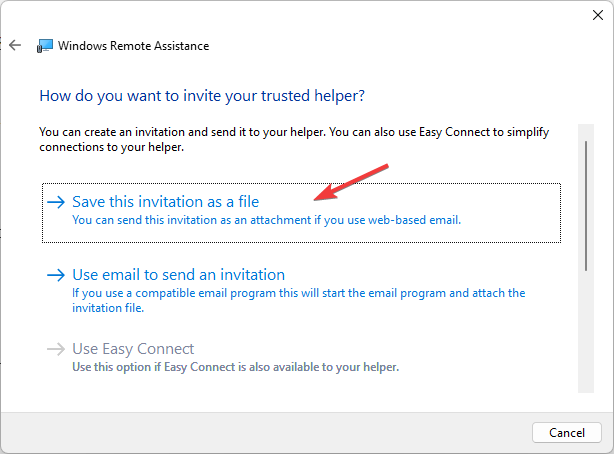 Опции отправки приглашения: файл, почта, Easy Connect