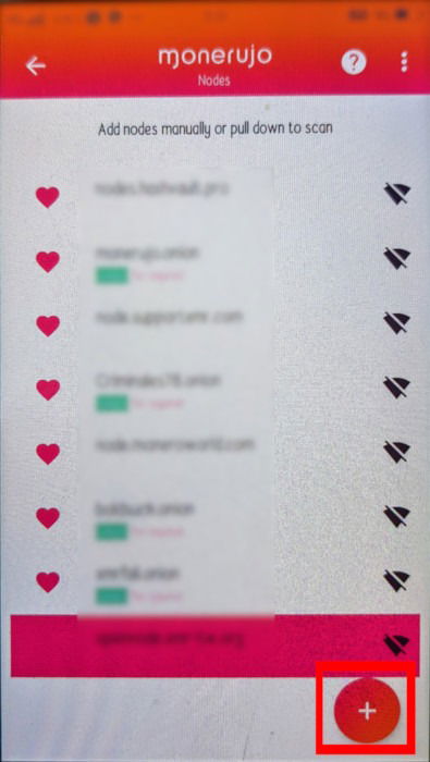 Изображение: кнопка добавления нового узла в Monerujo