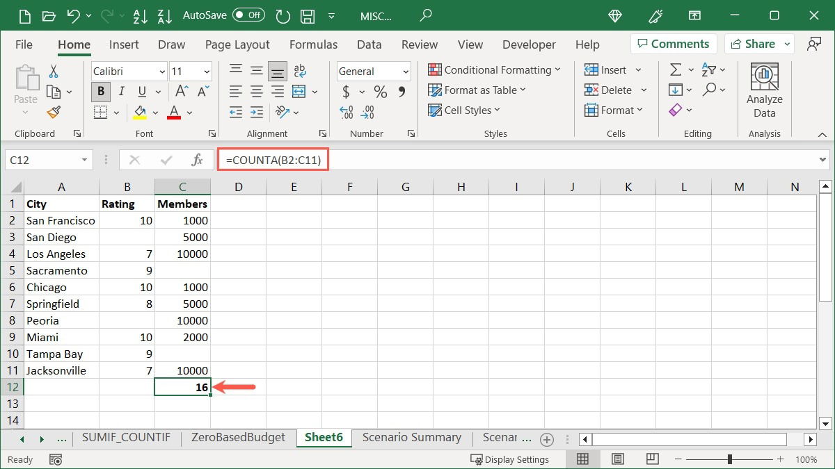 Пример COUNTA в Excel, подсчет непустых ячеек в диапазоне