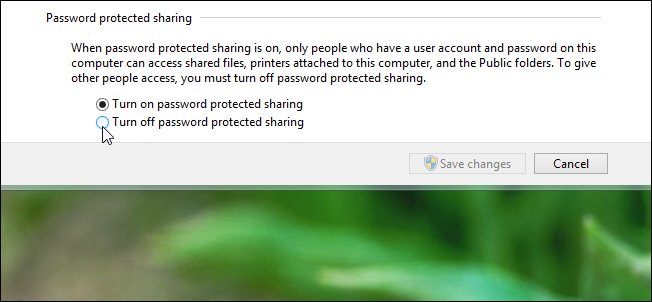 Опция «Отключить защиту паролем» в настройках общего доступа
