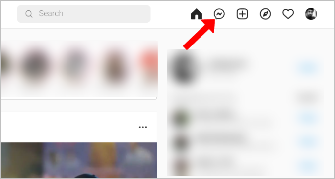 Screenshot: barra superiore di Instagram sul web con l'icona dei messaggi evidenziata