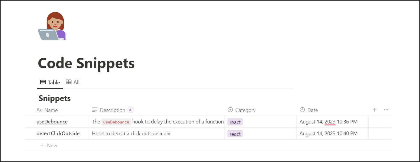 Таблица Notion для сниппетов