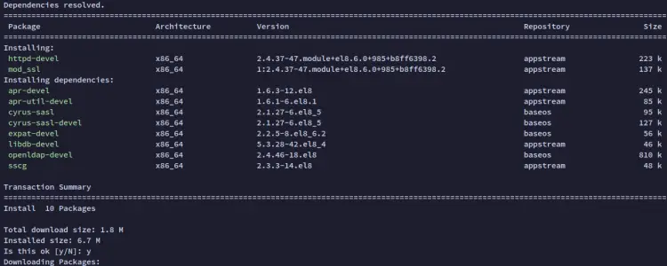 Установка httpd — вывод терминала