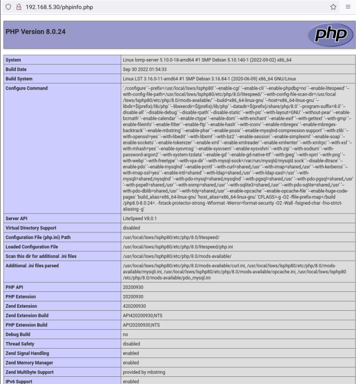 Страница phpinfo, подтверждение PHP 8.0