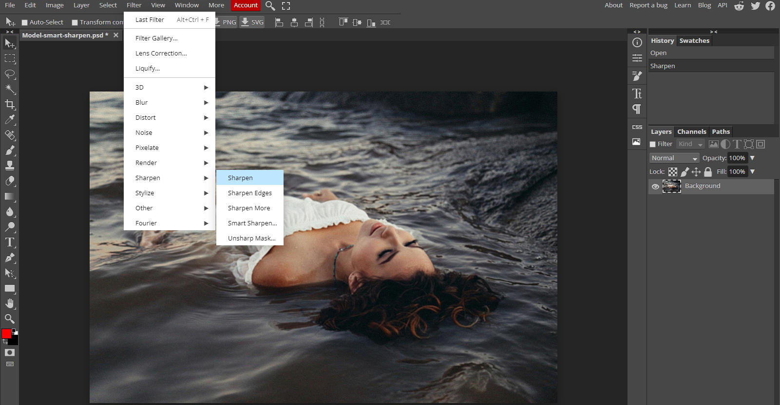 Инструменты резкости в Photopea