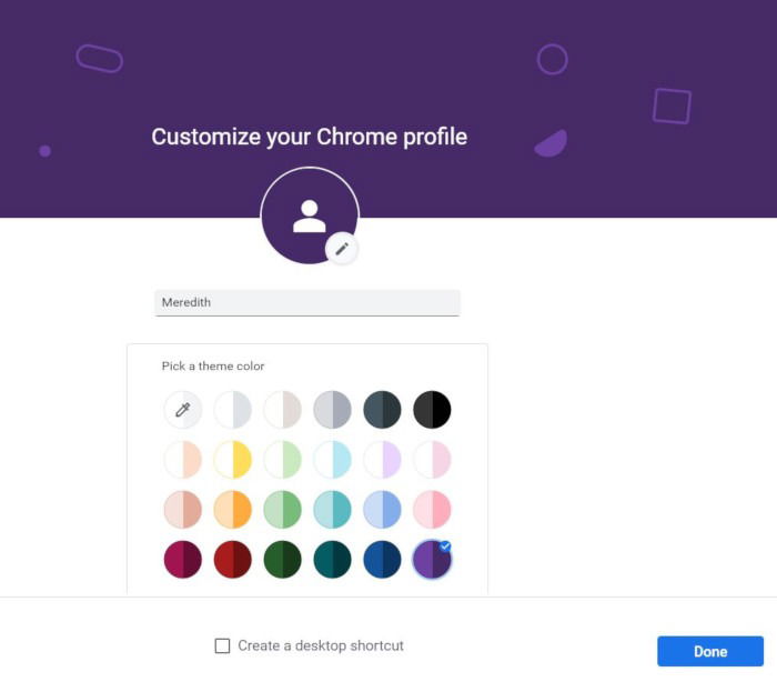 Форма создания профиля в Chrome