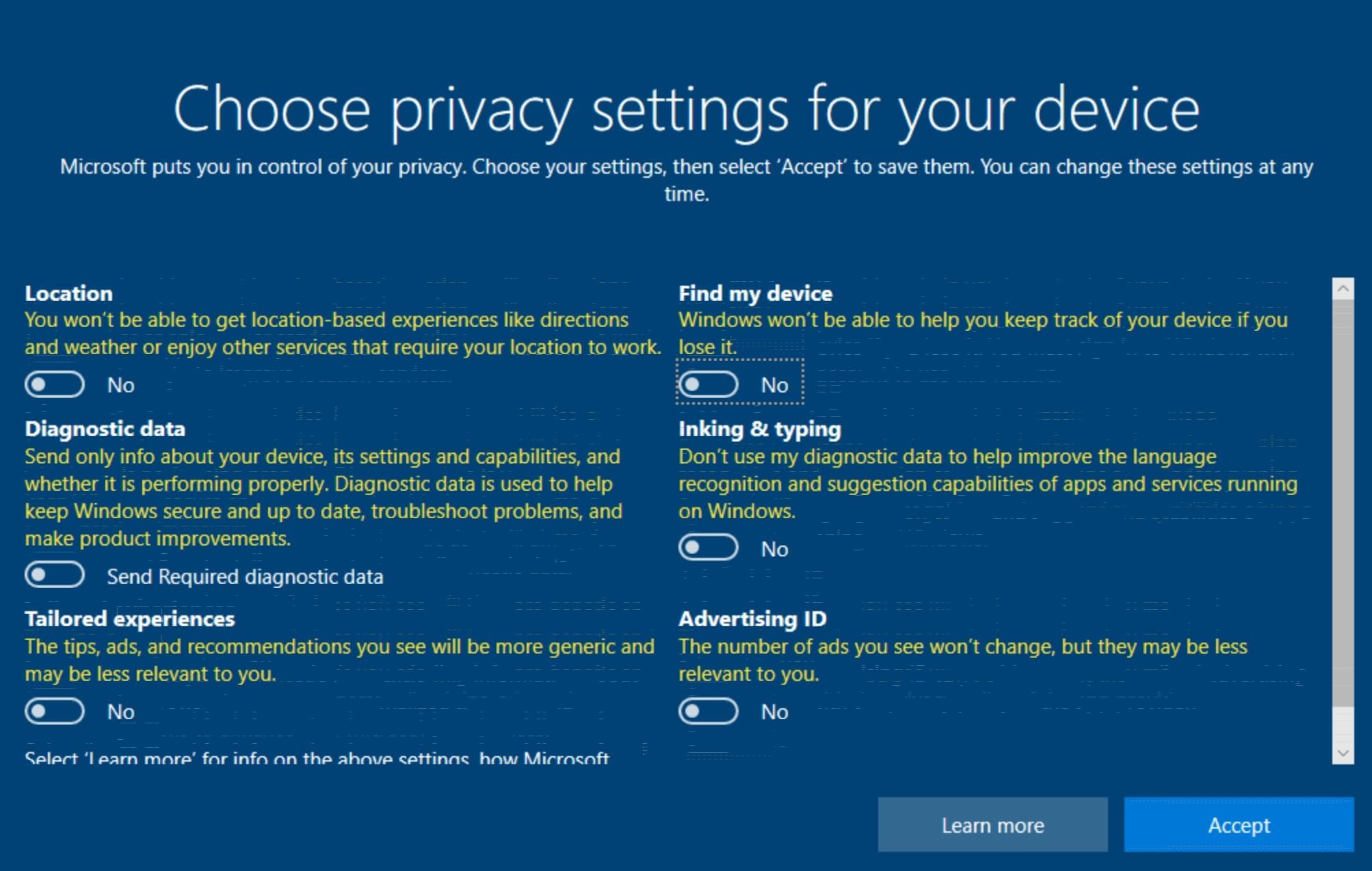 Экран выбора параметров конфиденциальности и отправки данных
