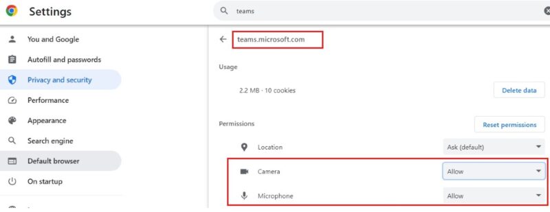 Поиск teams.microsoft.com и разрешение камеры