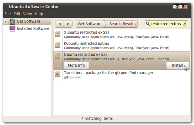 Risultato della ricerca per restricted extras nell'Ubuntu Software Center