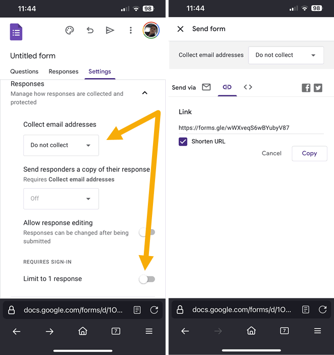 Настройки Google Форм на Android и iOS