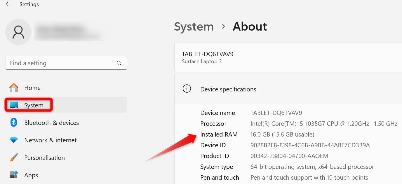 Проверка установленной памяти в приложении Параметры Windows.