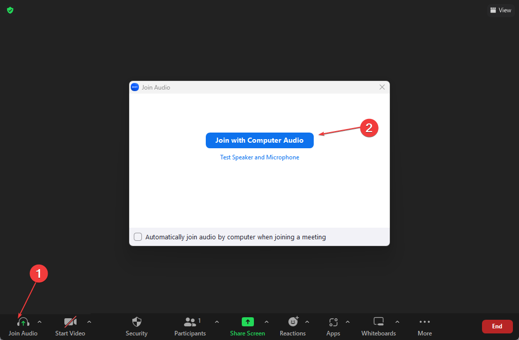 Кнопка Join Audio в окне Zoom