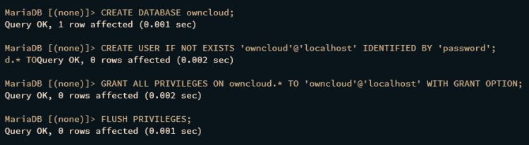 Создание базы данных ownCloud