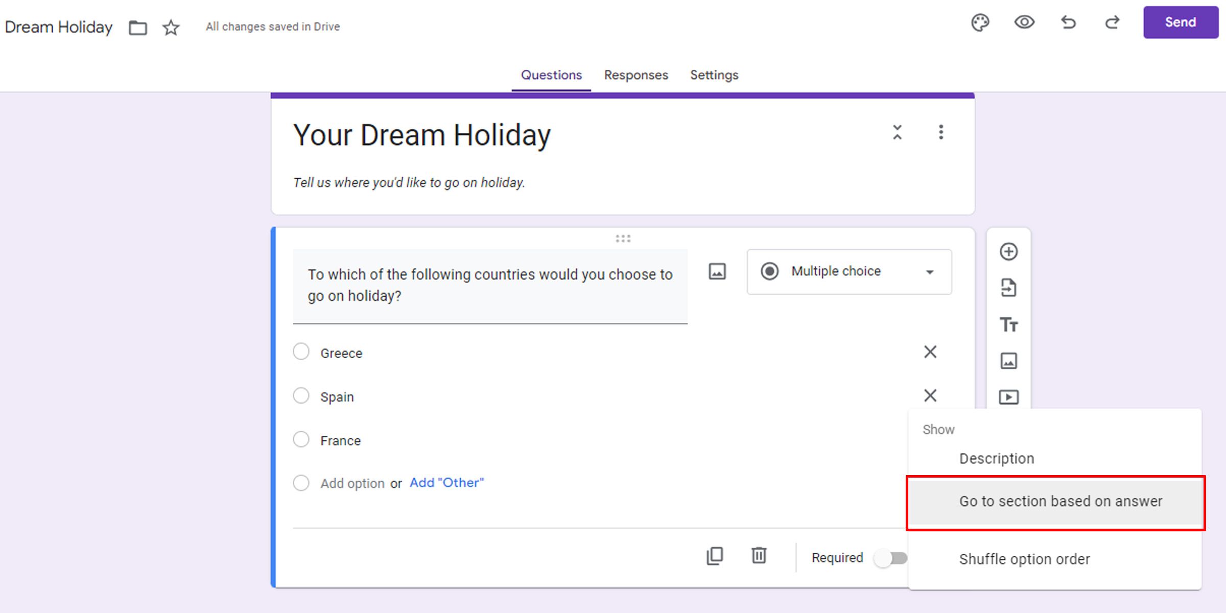 Меню с опцией «Перейти к секции на основе ответа»