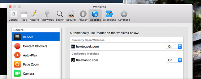 Список сайтов с включённым Режимом чтения в настройках Safari