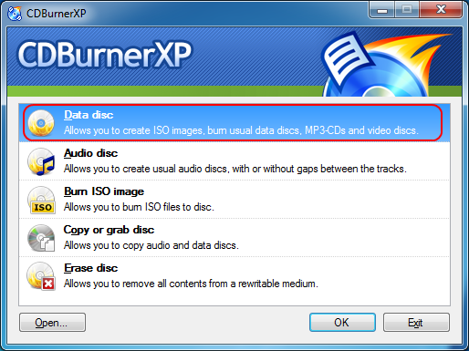Опция Data Disc в CDBurnerXP