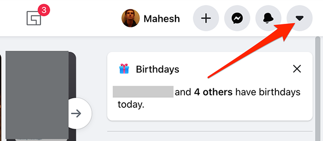 Нажмите на стрелку вниз в правом верхнем углу сайта Facebook.