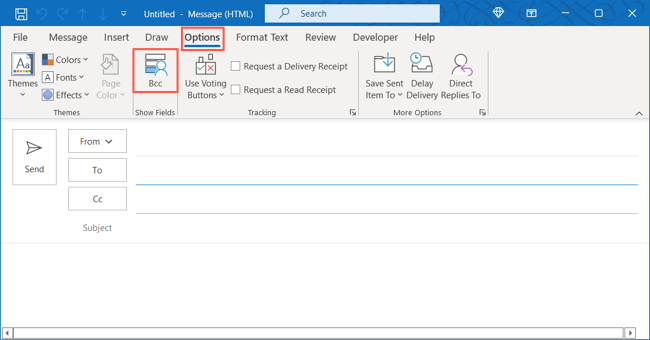 Кнопка BCC на вкладке Параметры при создании нового сообщения в Outlook на Windows