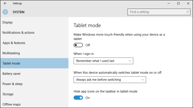Параметры поведения режима планшета