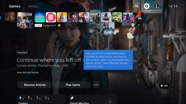 Открытие настроек PlayStation через иконку шестерёнки.