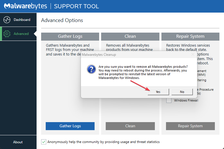 Подтверждение очистки Malwarebytes с перезагрузкой