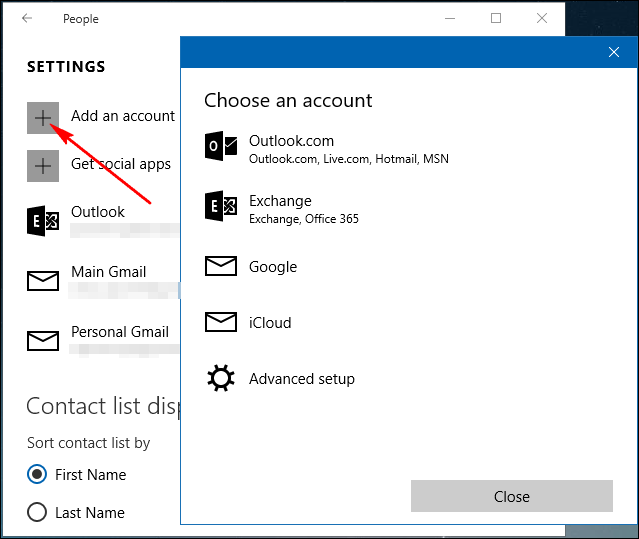 Экран выбора типа учетной записи: Outlook, Google и т. п.