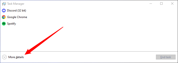 Открытие полного вида Диспетчера задач через «Подробнее».