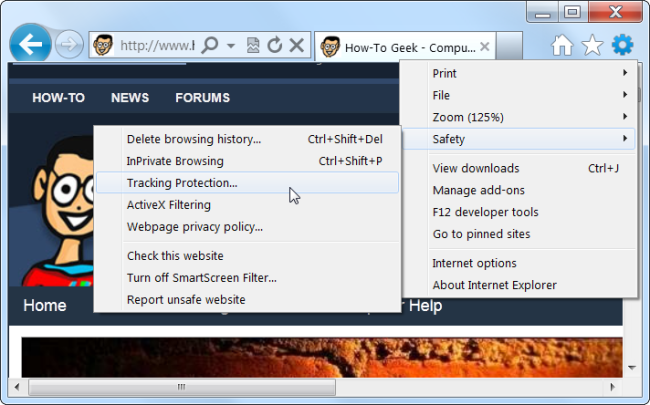 Меню Internet Explorer с пунктом Защита от отслеживания