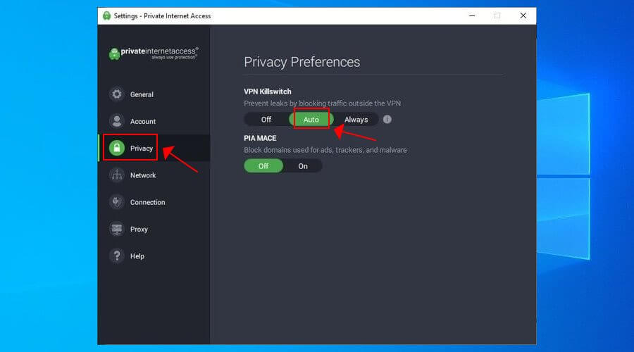 Настройка kill switch в PIA
