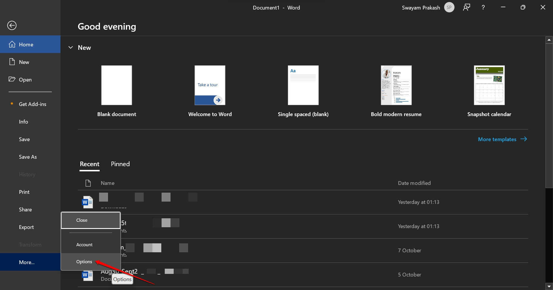 Окно Параметры Word