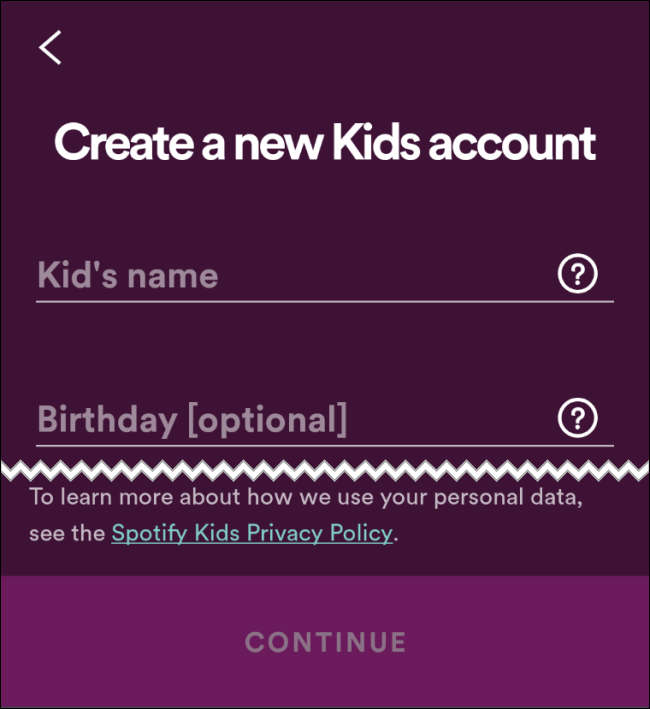Форма ввода имени ребёнка в Spotify Kids