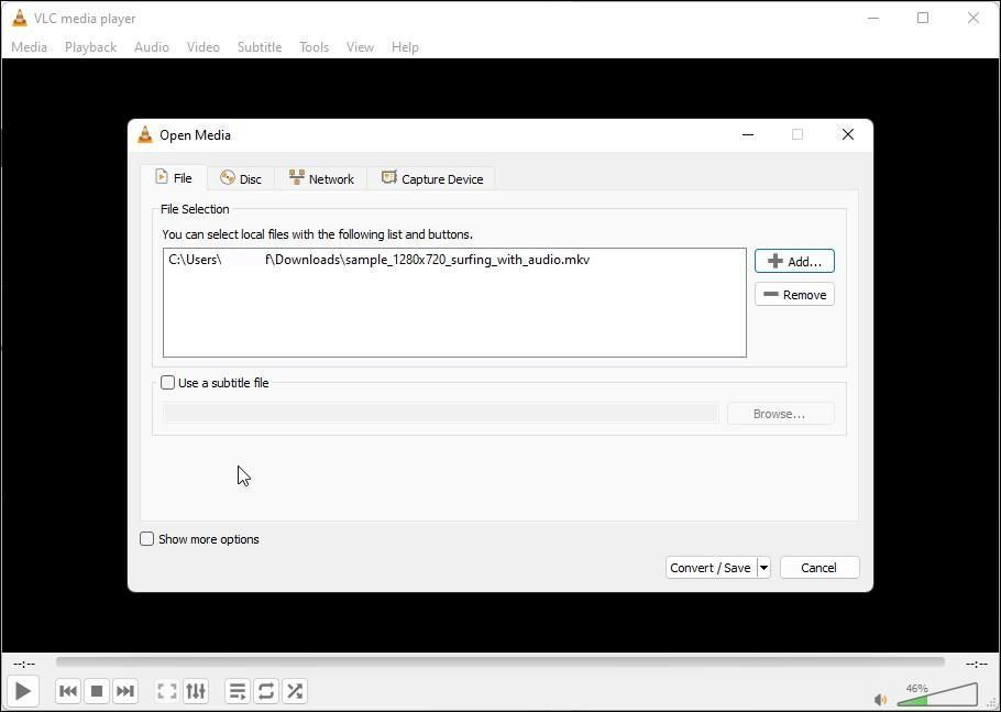 VLC — добавление исходного файла