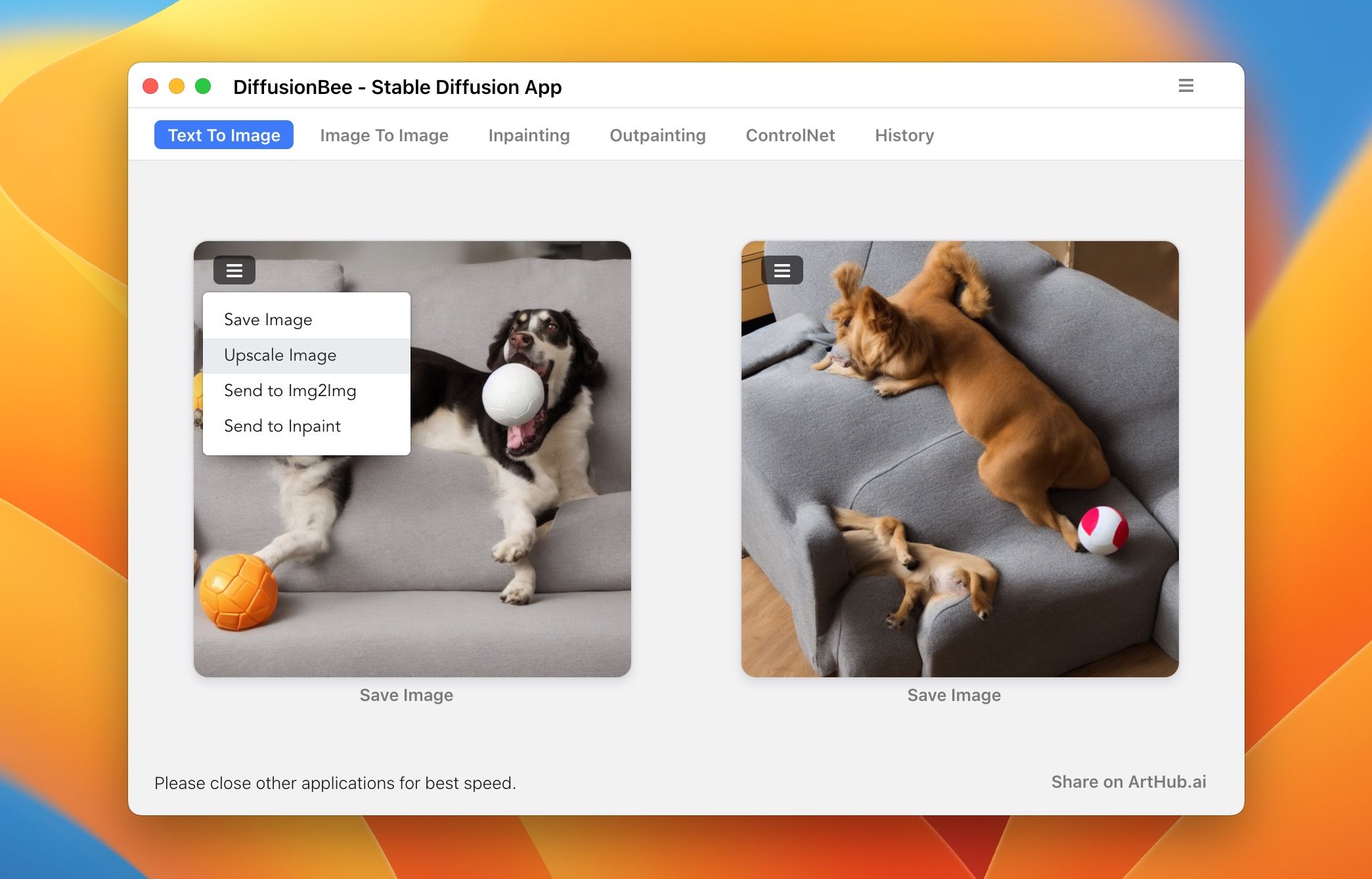 Выберите Upscale Image в меню изображения в DiffusionBee