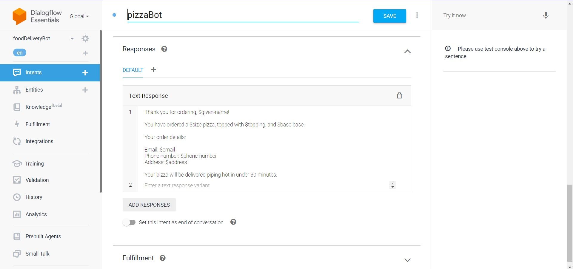 Adding the Text Response on Order of Pizza