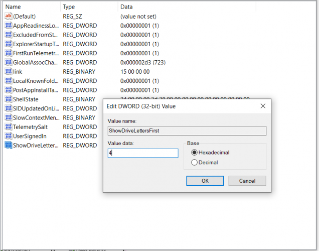 Параметр ShowDriveLettersFirst со значением 4