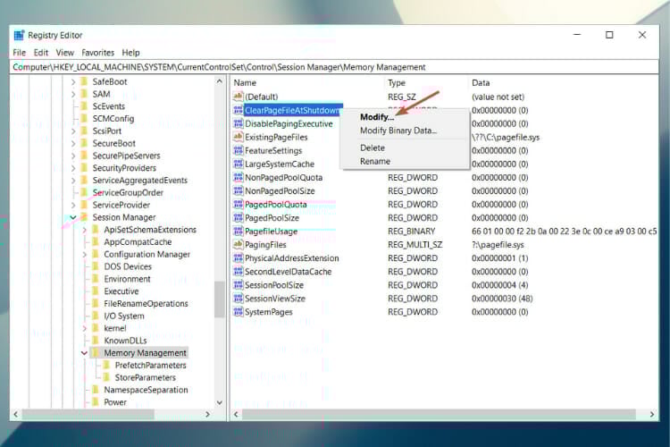 Изменение параметра ClearPageFileAtShutDown