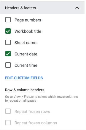Параметры верхних и нижних колонтитулов для PDF