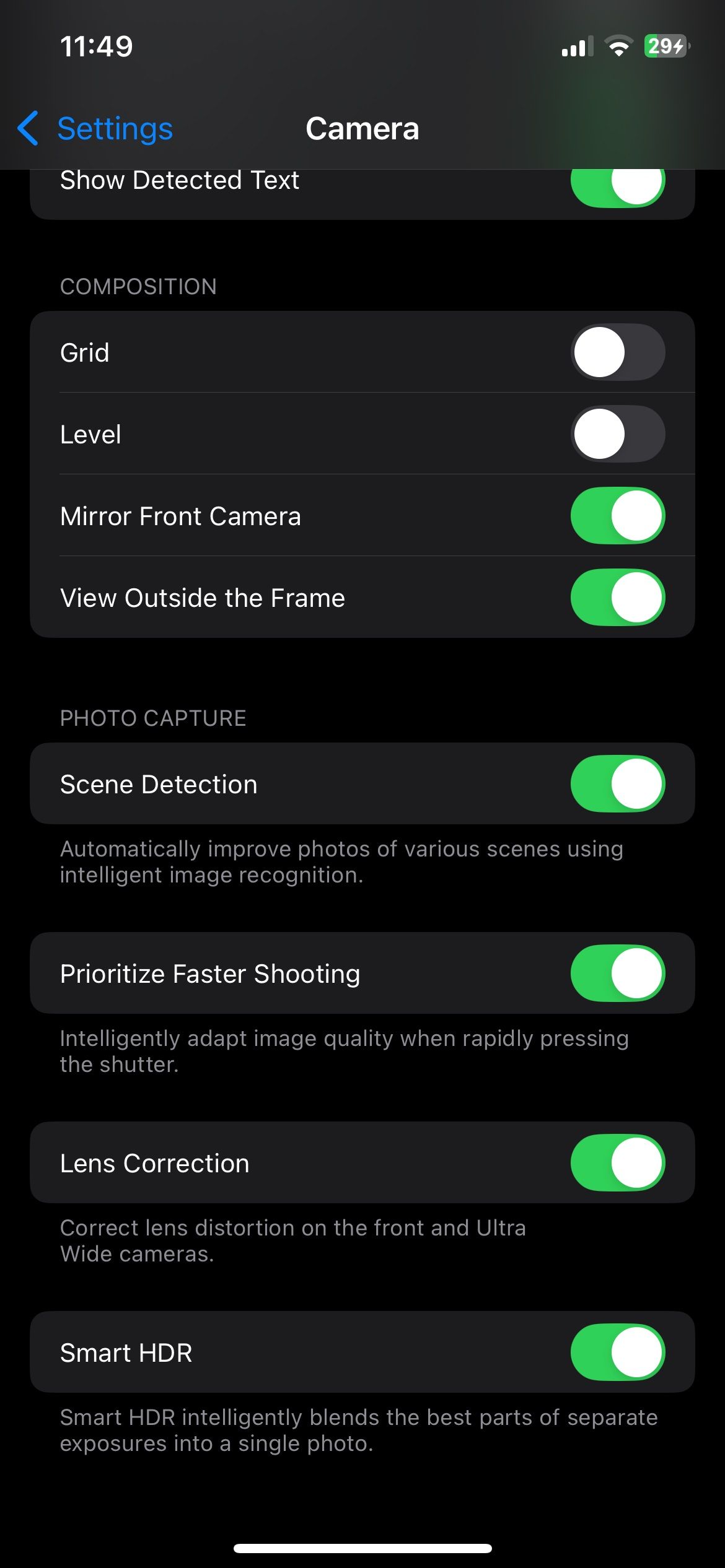 Меню настроек Камера на iPhone