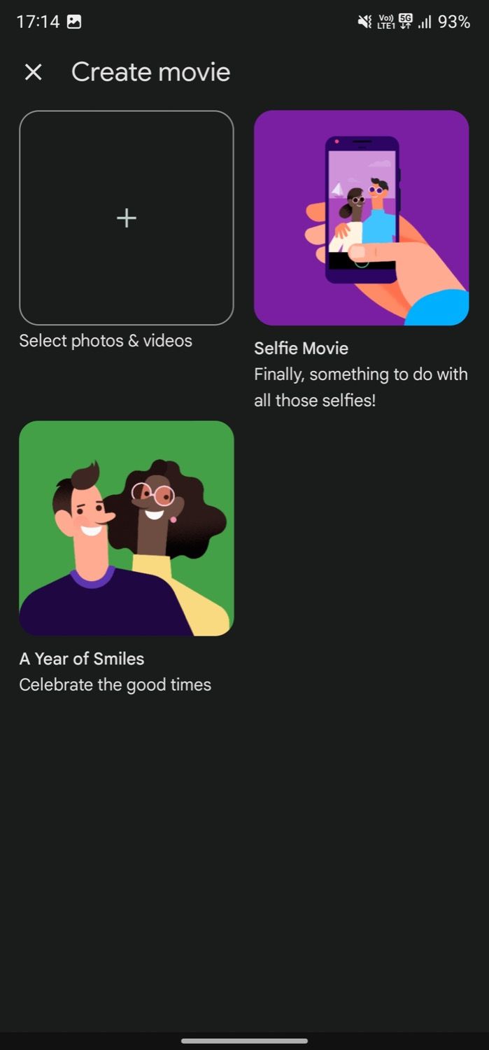 Опции создания фильма в Google Photos