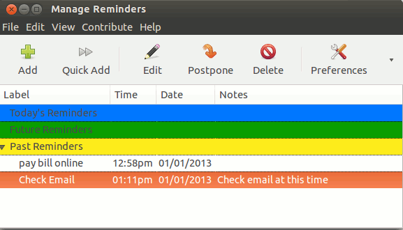 Окно управления напоминаниями в Remindor