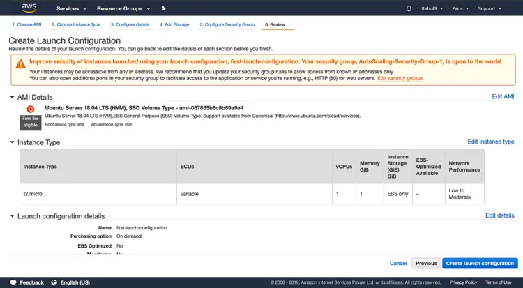 Кнопка создания Launch Configuration на странице проверки