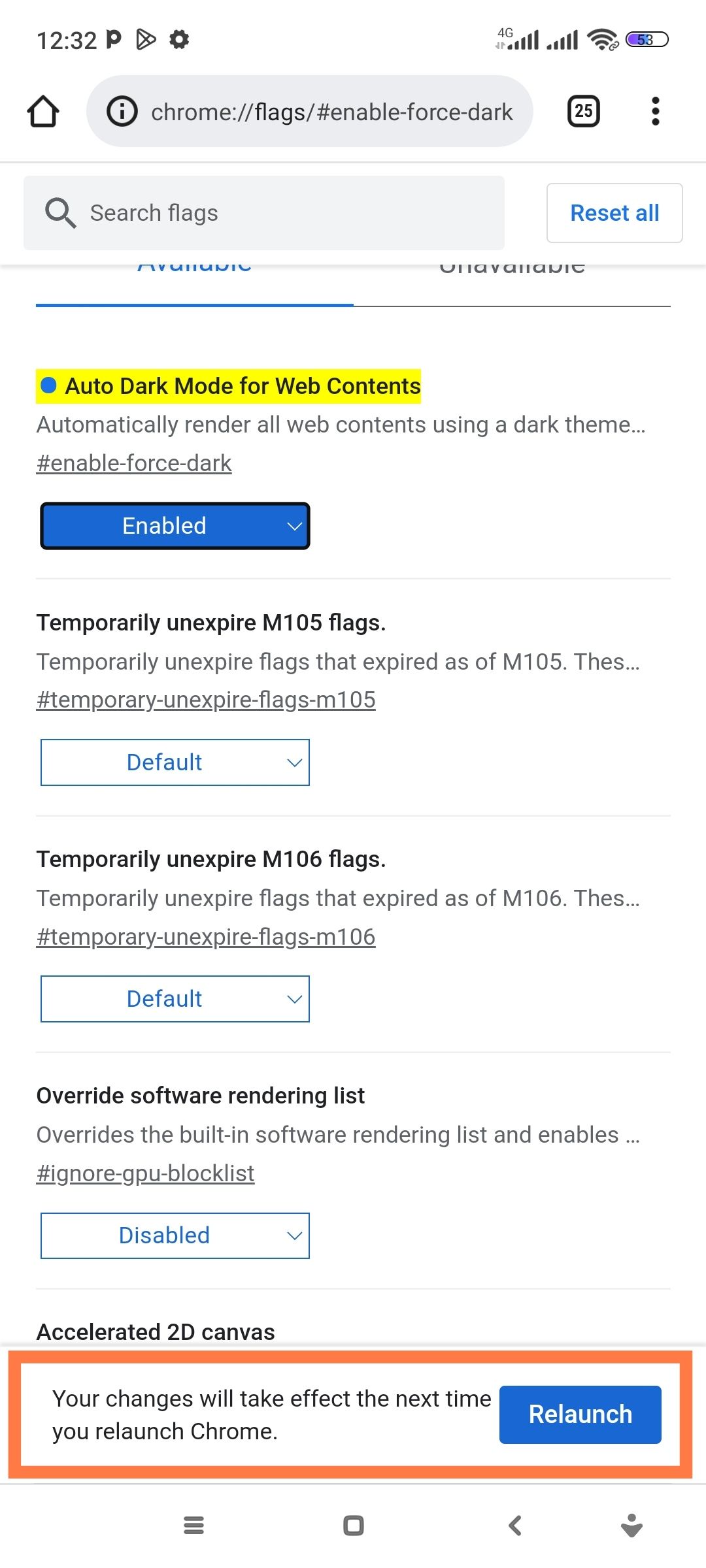 Relaunch button on chrome mobile bowser