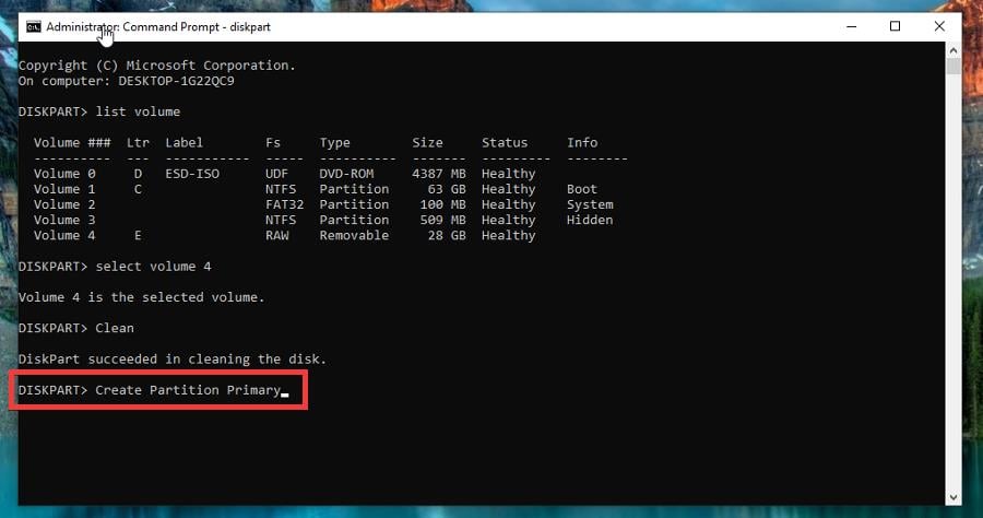 Создание нового первичного раздела командой create partition primary