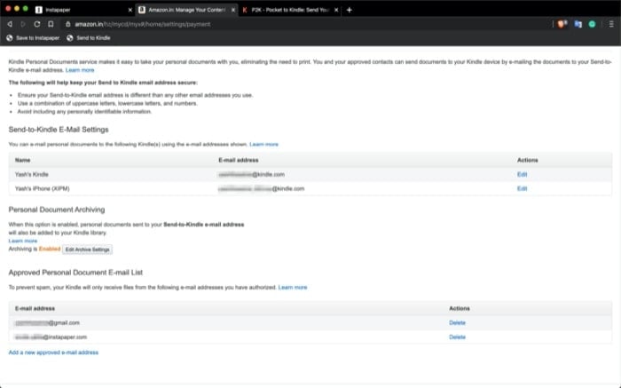 Добавление адреса Instapaper в список одобренных в Amazon