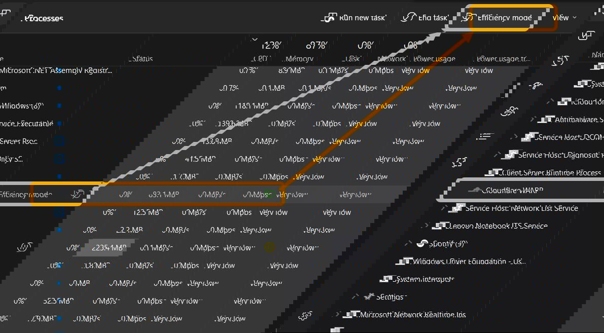 Отключение режима эффективности в Диспетчере задач.
