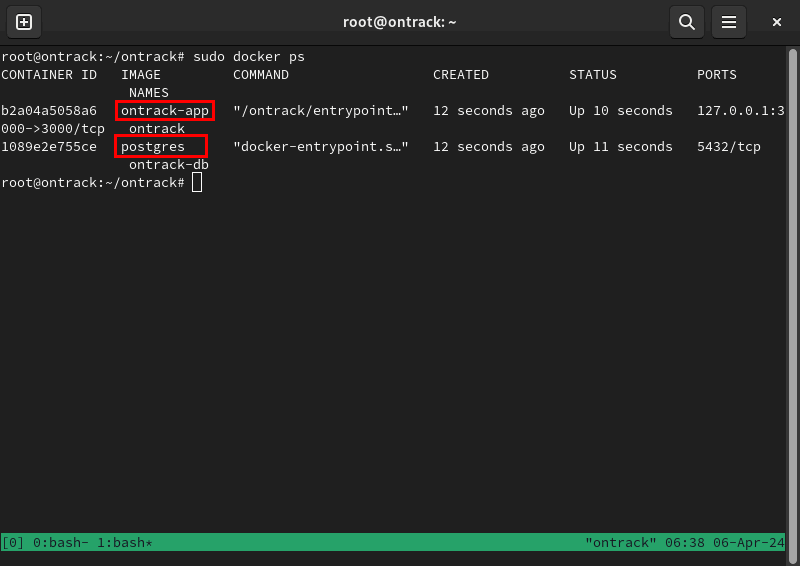 Терминал, показывающий два контейнера Docker, запускающие Ontrack.