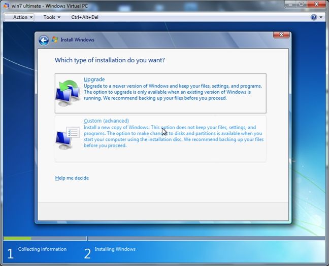 Выбор типа установки: Custom или Upgrade