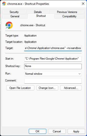 Редактирование ярлыка Chrome: добавление флага --no-sandbox