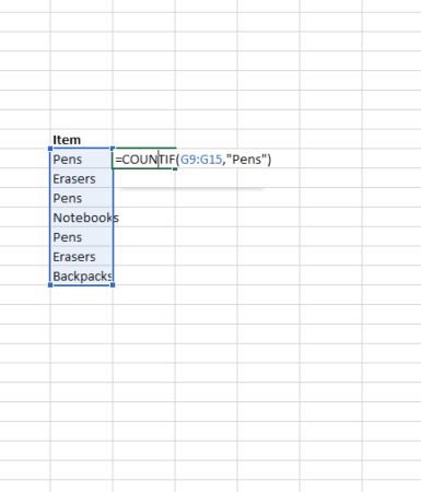 Пример формулы COUNTIF на таблице с инвентарём